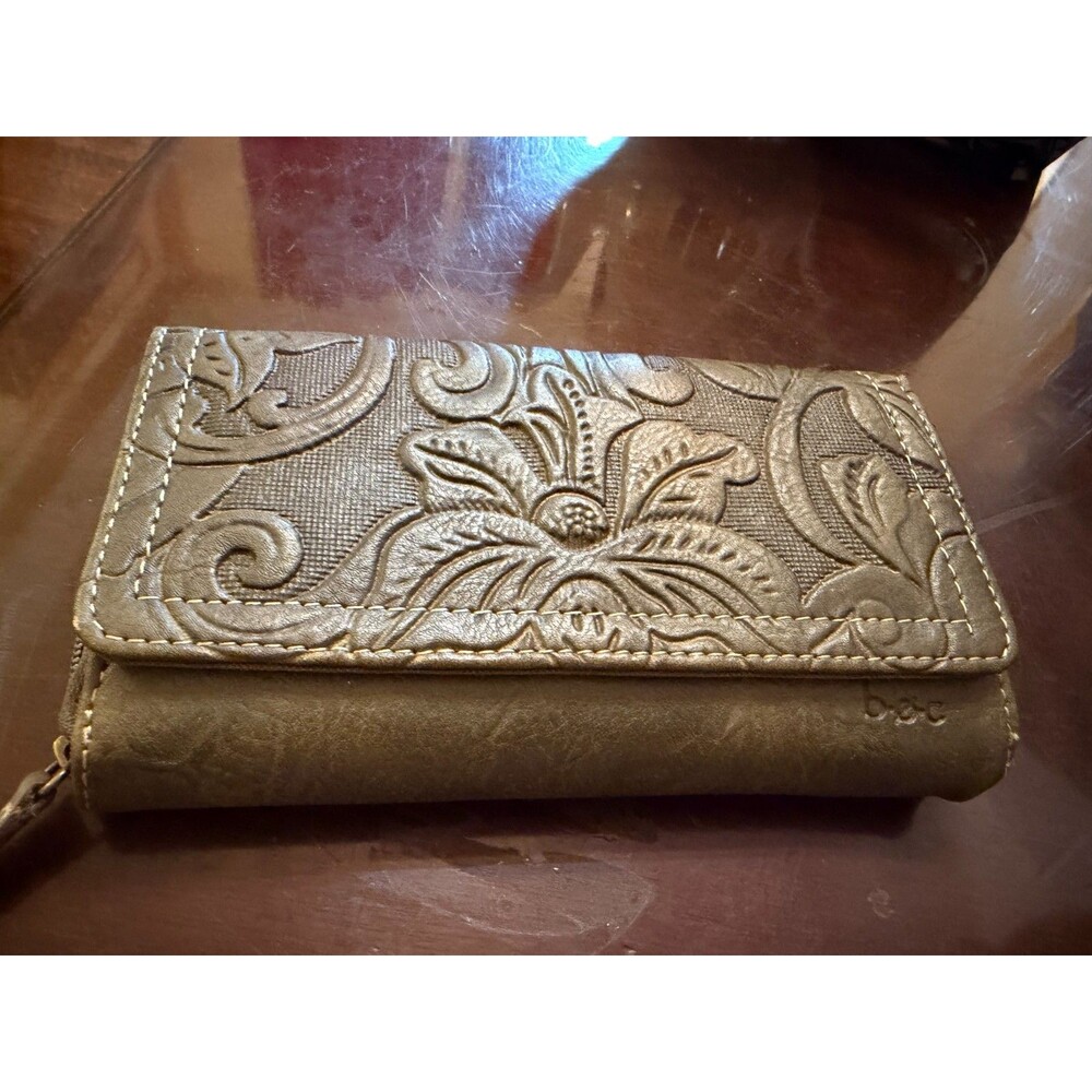 BOC Born Concept Floral Embossed Wallet Green Brown Faux Leather Boho Clutch